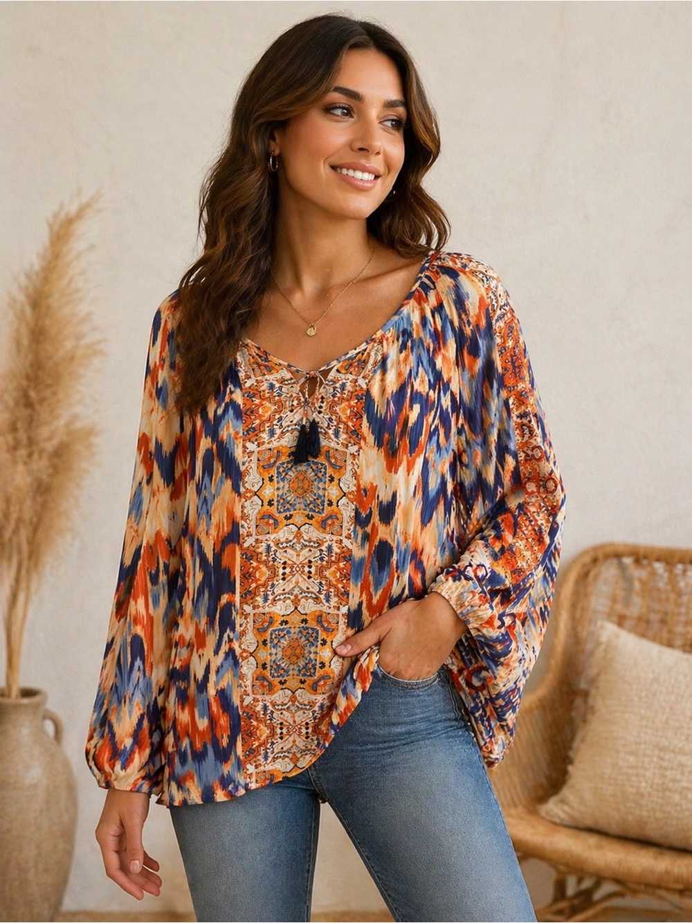 Fred Orange & Blue Boho Peasant Blouse with Tassel Tie